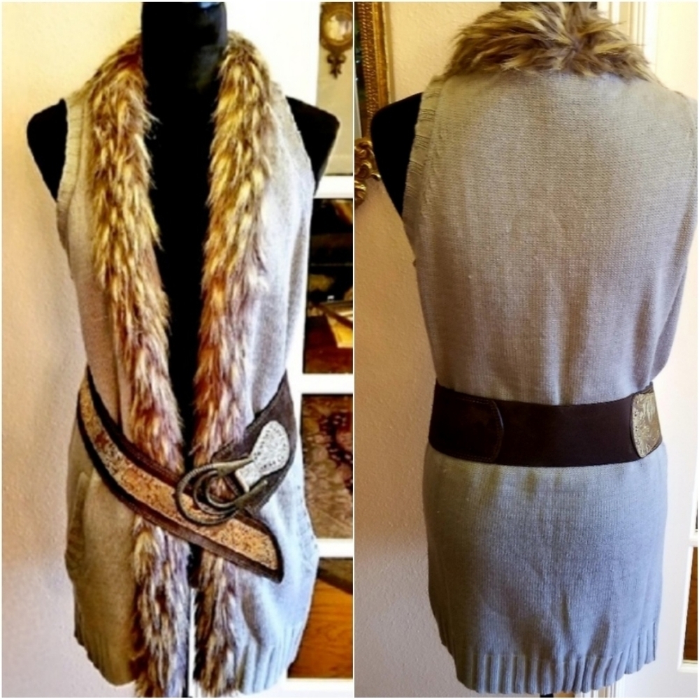 KDASH FAUX FUR TRIMMED SWEATER VEST WITHOUT BELT